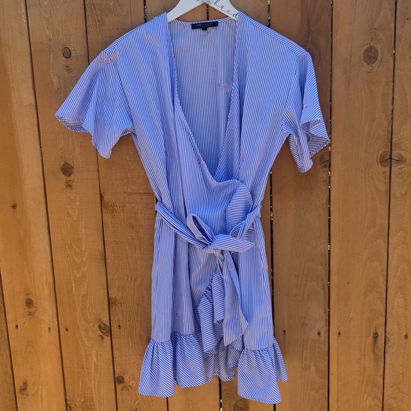 Blue and white striped Flamingo embroidered print wrap dress with ruffle bottom - Picture 3 of 12